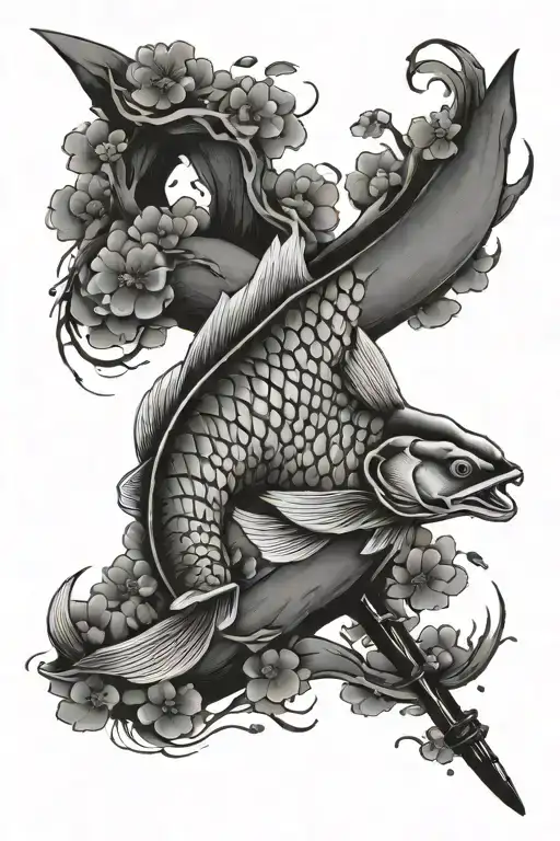 katana,koï carp and sakura branch tattoo design idea
