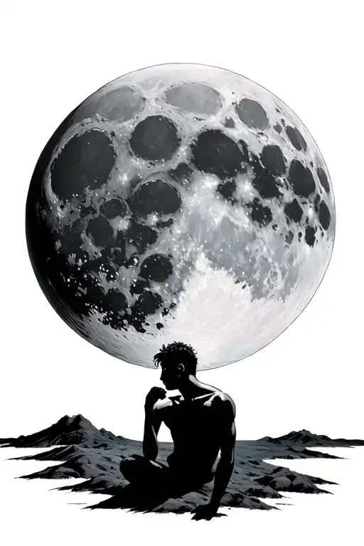 dark figure sitting in front of huge realistic detailed moon resting his chin on his fist looking up at it back facing tattoo design idea