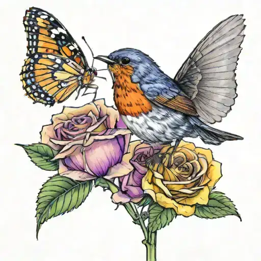 A robin holding a yellow rose while flying, a purple butterfly sitting at the end of the stem tattoo design idea
