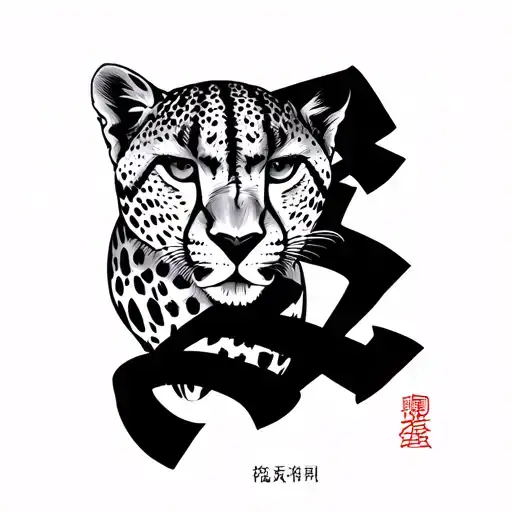 The text 心臓を捧げよ with a cheetah in a somewhat japanese draogn style wrapping around it with good anatomy so no weird snak tattoo design idea