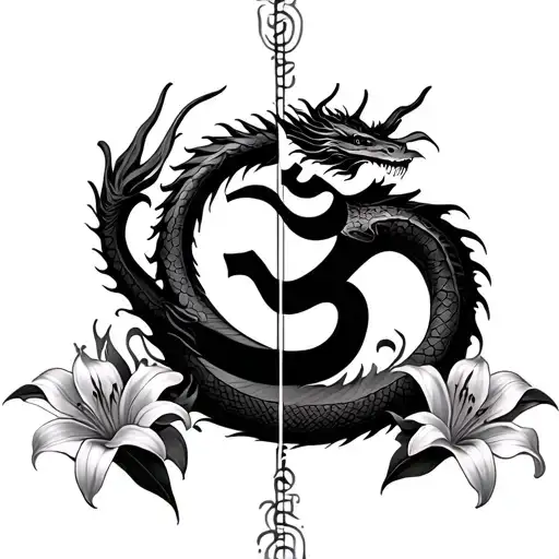 Dragon vertically wrapped within a om symbol with lilium flowers around it tattoo design idea