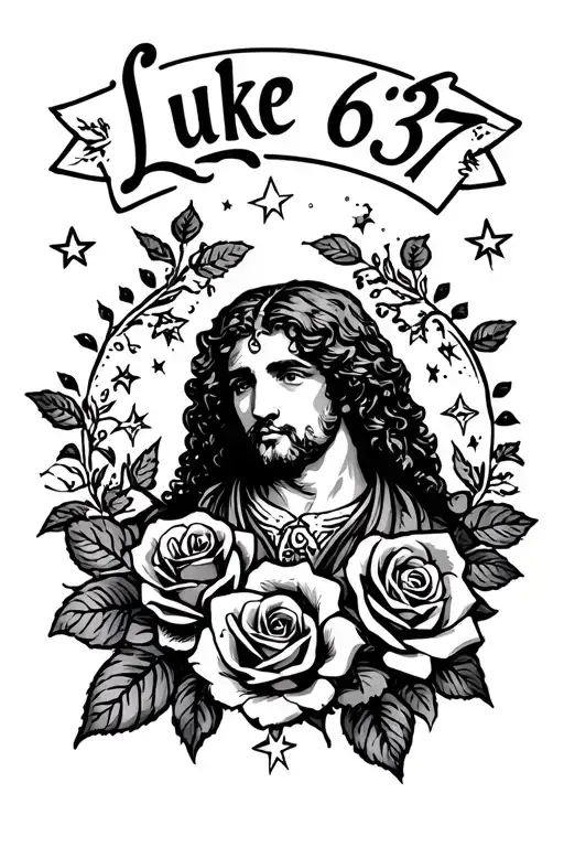 Luke 6:37 with stars in the background and roses  tattoo design idea