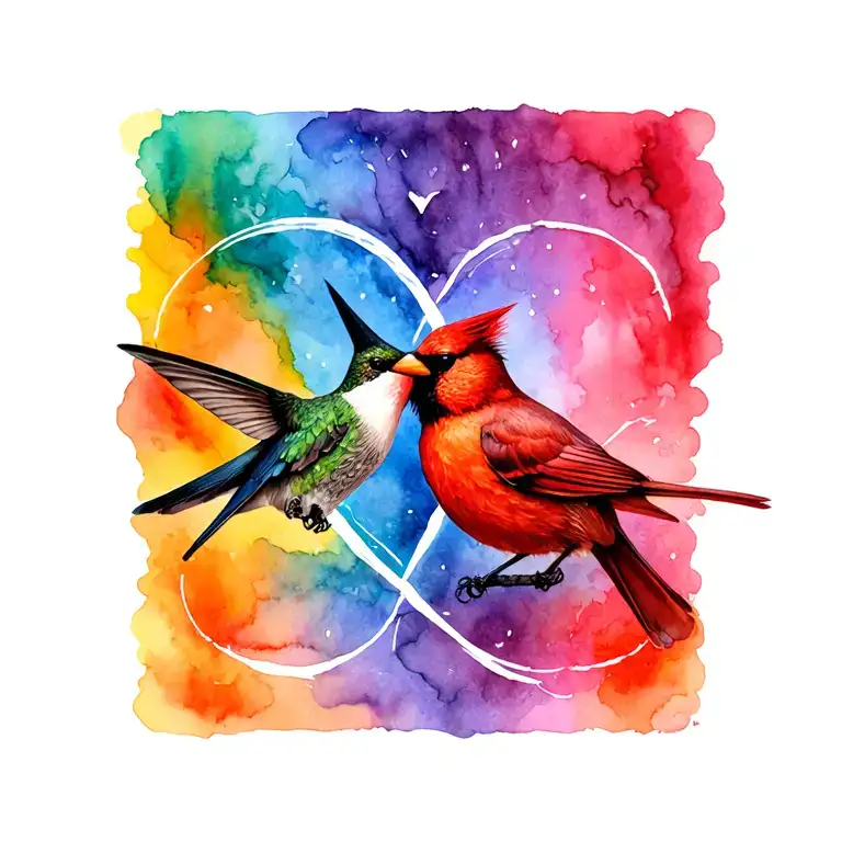 infinity symbol intertwined hummingbird and cardinal tattoo design idea