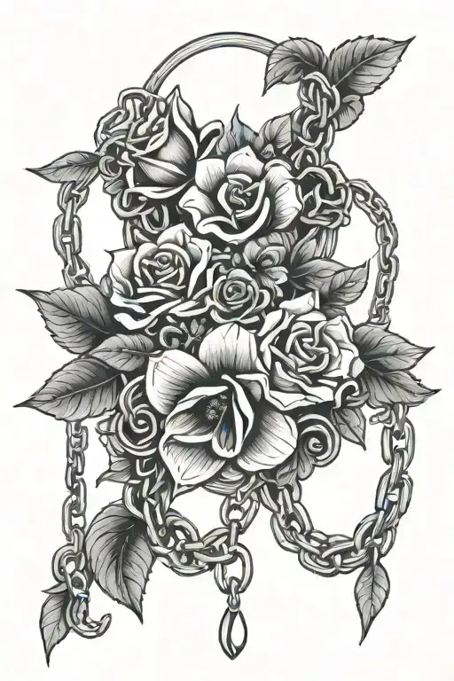 flowers, leaves and chains hanging pendant tattoo design idea