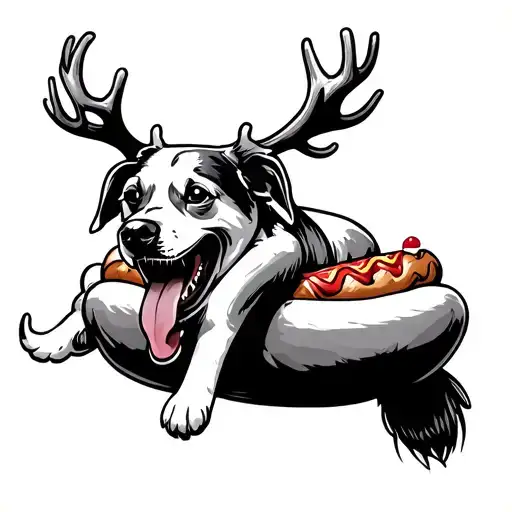 a tooth riding a hot dog with antlers tattoo design idea