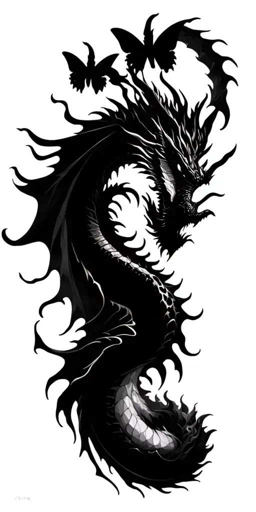 Dragon surrounded by suminagashi glitched butterfly tattoo design idea