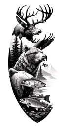 create a tattoo that has a deer, bear, eagle, trout, catfish in a mountain forest tattoo design idea