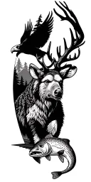 create a tattoo that has a deer, bear, eagle, trout, catfish in a mountain forest tattoo design idea