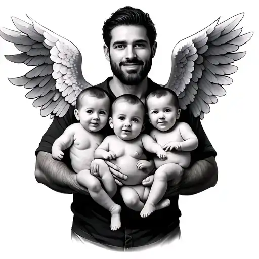 dad holding 3 babies and the middle baby has angel wings tattoo design idea