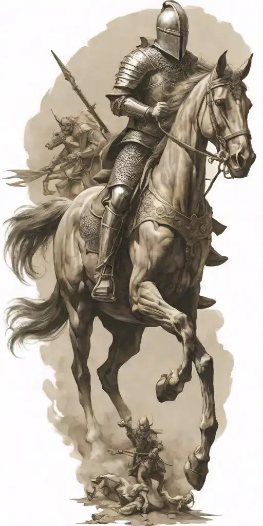 knight riding a horse with demons chasing them behind tattoo design idea