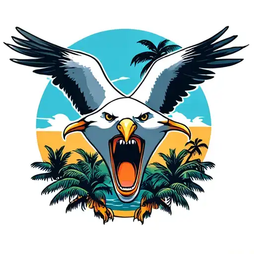 screaming seagull head with palm trees  tattoo design idea