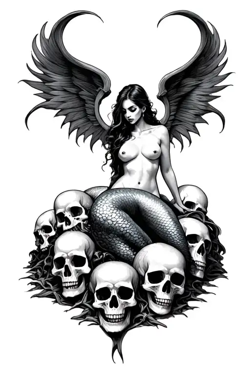 evil mermaid topless on a pile of skulls tattoo design idea