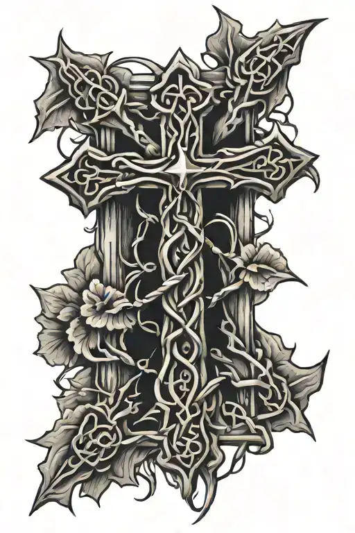 cross with crown of thorns hanging from top of the cross tattoo design idea