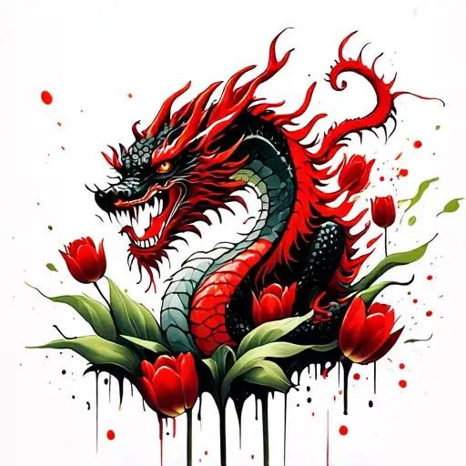 japanese dragon sitting on tulips tattoo design idea