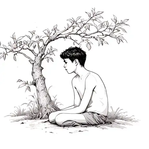 Boy sitting under a fig tree, looking away, make the boy have a side profile and less detailed, more minimalist tattoo design idea
