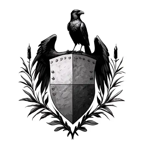 coat of arms shield with a crow perched on top with its wings spread out, and cattail, brances, leaves out the sides tattoo design idea