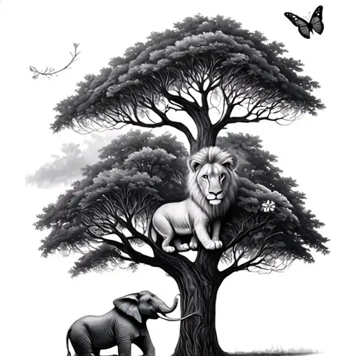 family tree, with a young male lion, lionet with a flower in her ear, young elephant with a butterfly above the trunk tattoo design idea