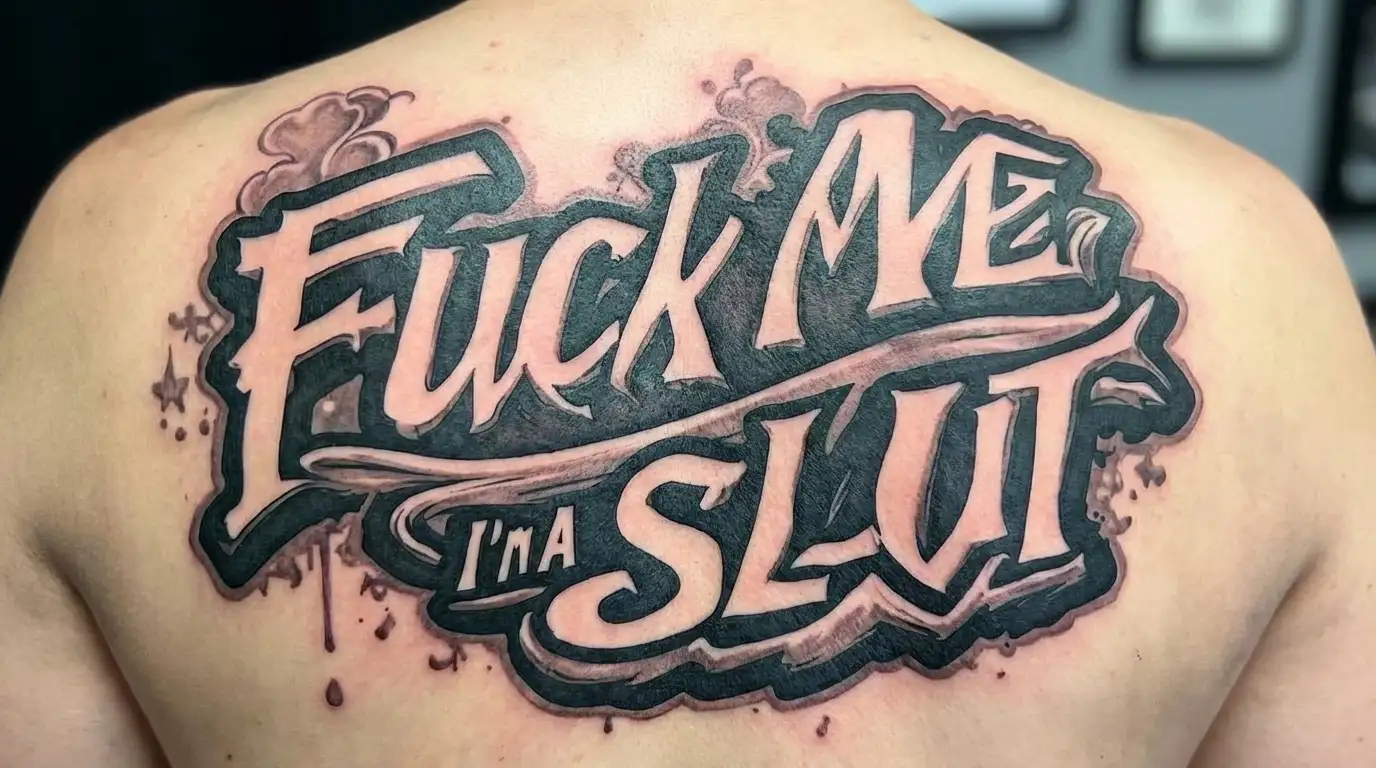 Tramp stamp that says "Fuck Me I'm a Slut tattoo design idea
