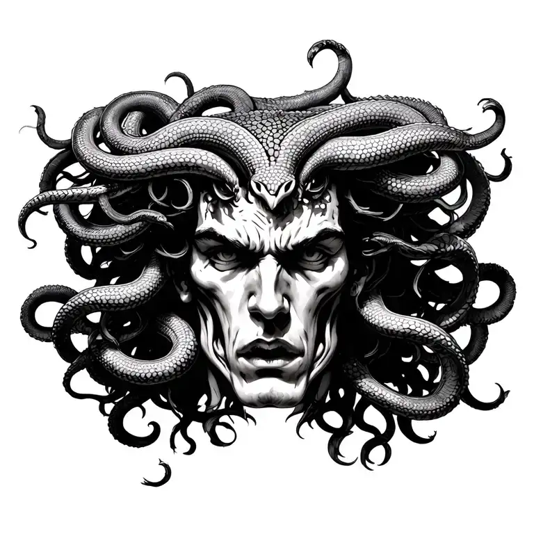Dotwork Medusa head on male. Snakes for hair, no human hair. Fierce and defiant face,, not friendly, direct view tattoo design idea