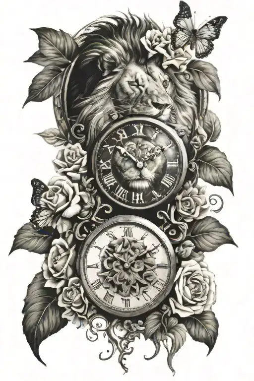 lion and flowers and butterflies and heart clock tattoo design idea