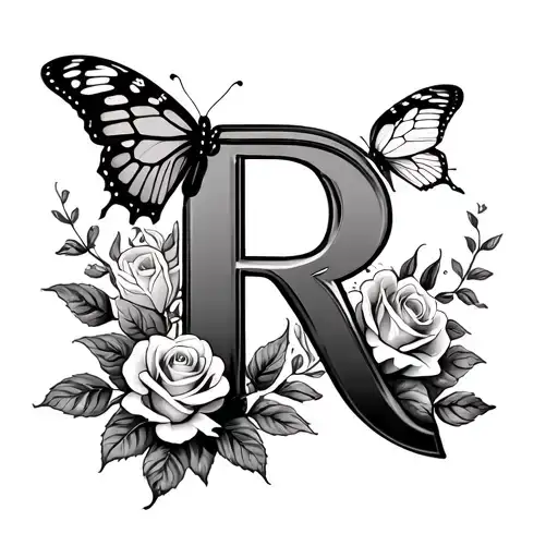 Letter R with butterfly and roses wrapped tattoo design idea