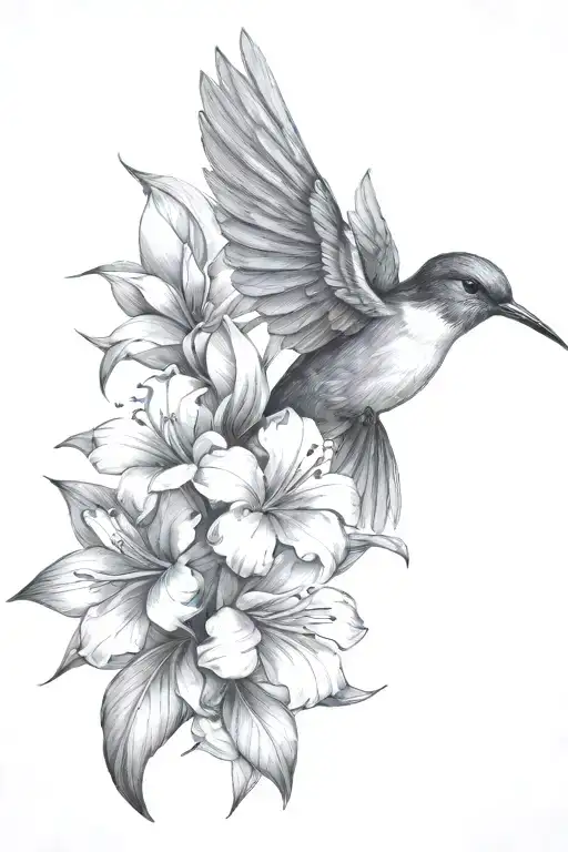 humming-bird tropical flowers and leaves tattoo design idea