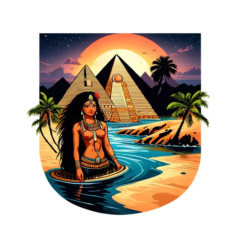 Moana and egypt pyramid moon desert river tattoo design idea