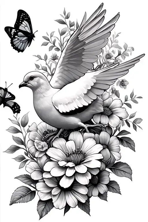 Dove And Butterfly flower bouquet tattoo design idea