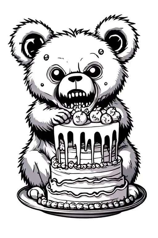 zombie bear eating a cake tattoo design idea