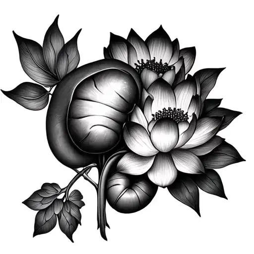 anatomical kidneys integrated with lotus flowers greyscale tattoo design idea