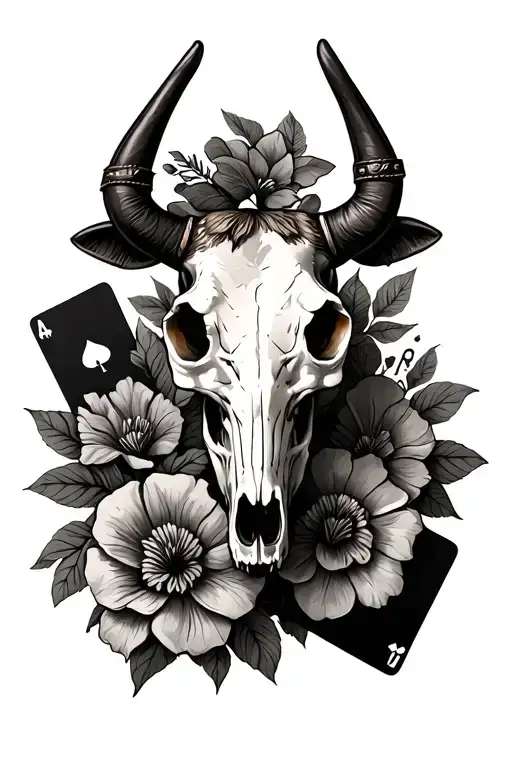 half sleeve cow skull with leather work and cards arranged with some flowwers  tattoo design idea