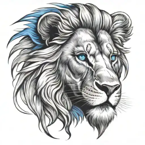 battled lion face with blue eyes tattoo design idea