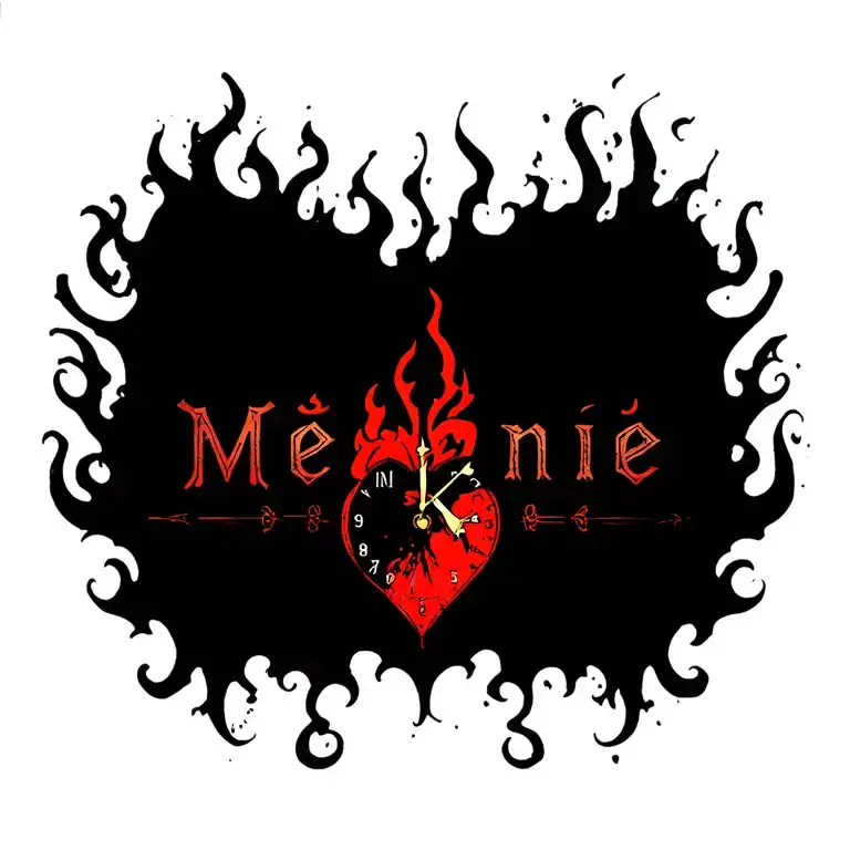 "Mélanie" clock heart in flame tattoo design idea