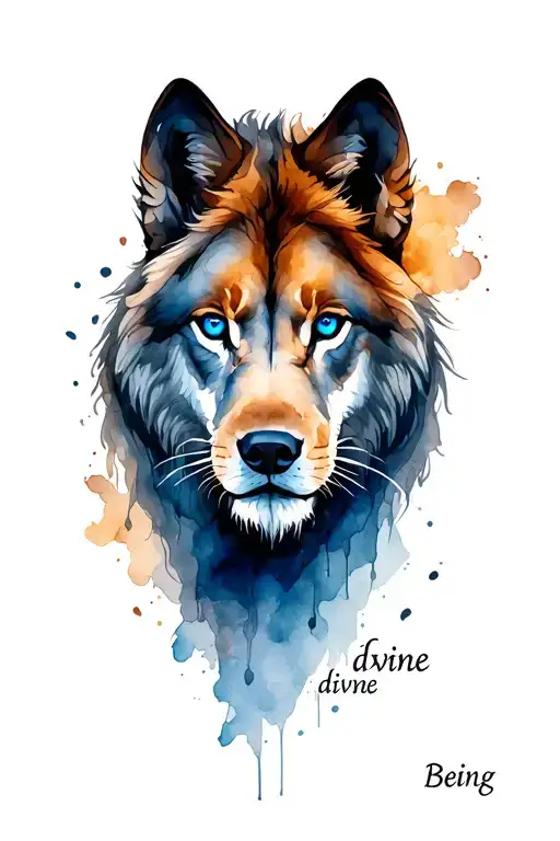 "Being divine" wolf with blue eyes and lion with one blue eye and one brown eye tattoo design idea