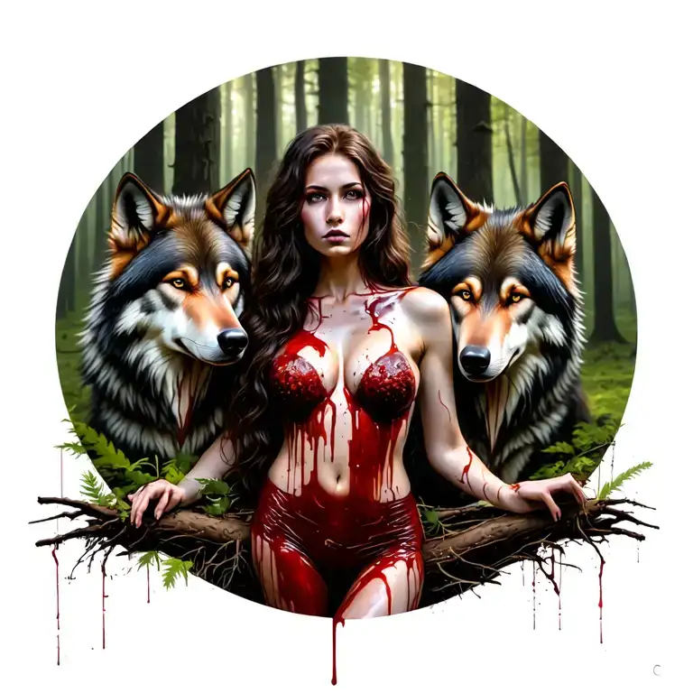 sexy bloody women background in the forrest with wolves  tattoo design idea