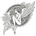 moon, broken winged aquarian beautiful angel with phoenix and water tattoo design idea