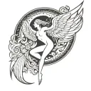 moon, broken winged aquarian beautiful angel with phoenix and water tattoo design idea