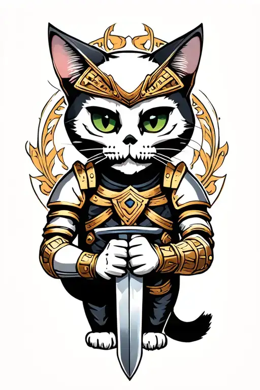 cat wearing skeleton armor holding a sword tattoo design idea