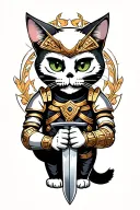 cat wearing skeleton armor holding a sword tattoo design idea