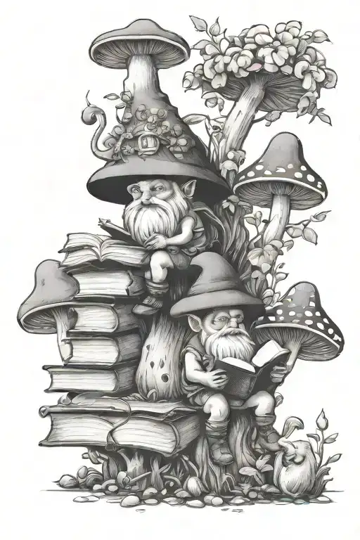 gnomes reading books near mushrooms tattoo design idea