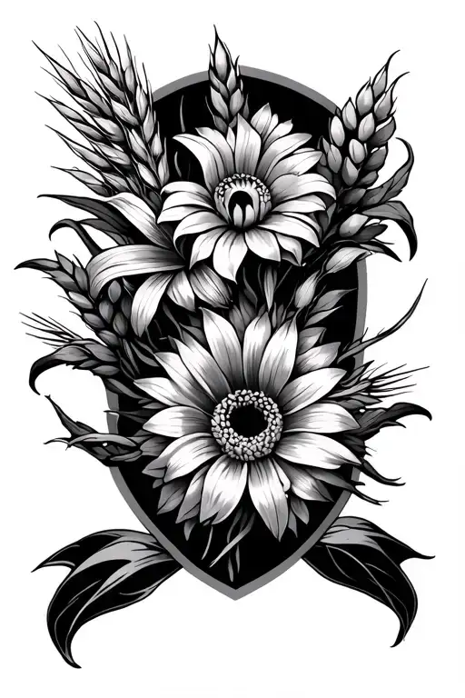 black grey thigh tattoo with wheat spikes, death lily and chrysanthemum flowers. finline tattoo design idea