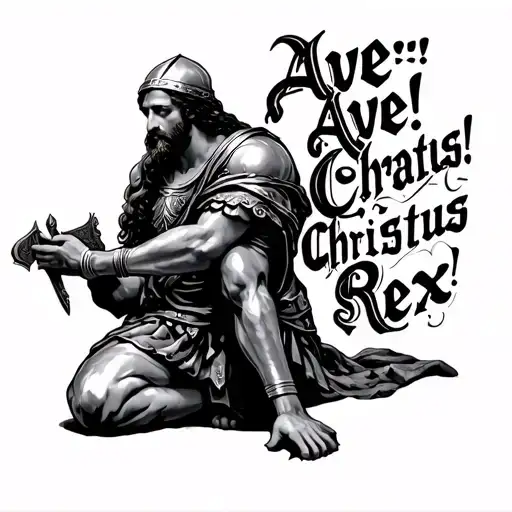 "Ave! Ave! Christus Rex" crusader kneeling tattoo design idea