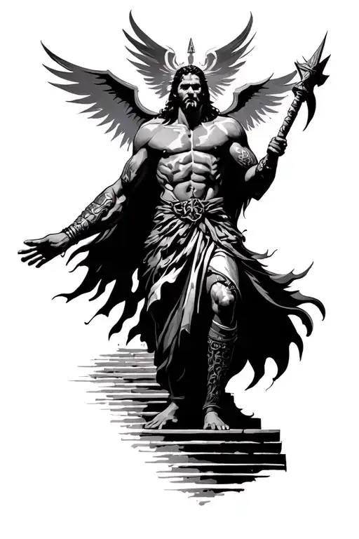 warrior with god at the top of stairs leading tattoo design idea