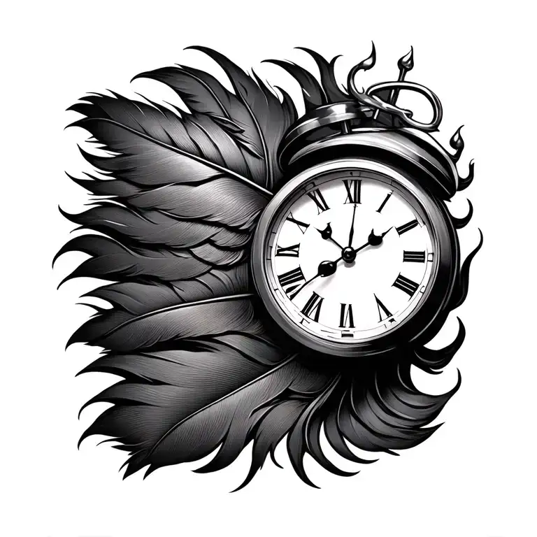 burning feather and clock tattoo design idea