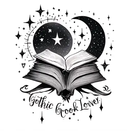 gothic book lover, with witchy vibes with stars moon and different spirit vibes tattoo design idea