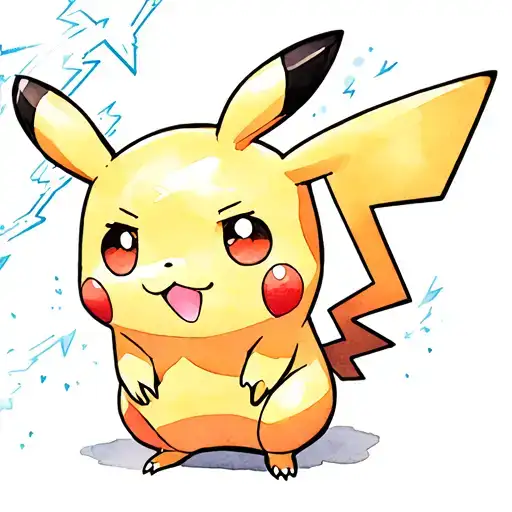 chibi style Pikachu with a lightning in the background. It should be extremely cute tattoo design idea
