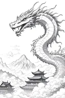 dragon emerging through clouds in front of mountain + a few Asian styled buildings on it tattoo design idea