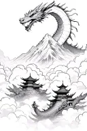 dragon emerging through clouds in front of mountain + a few Asian styled buildings on it tattoo design idea