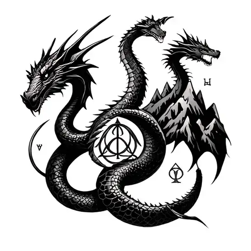 Whimsical, magical, and fairy tale with runes, dragons, Slytherin snake, Velaris mountains, deathly hallows symbol tattoo design idea