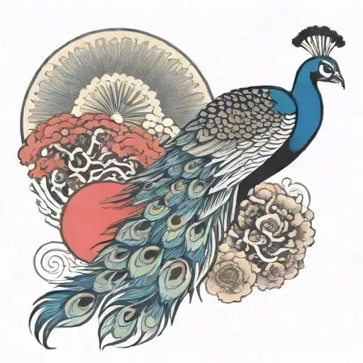 big red sun and a peacock flying Im background  tattoo design idea